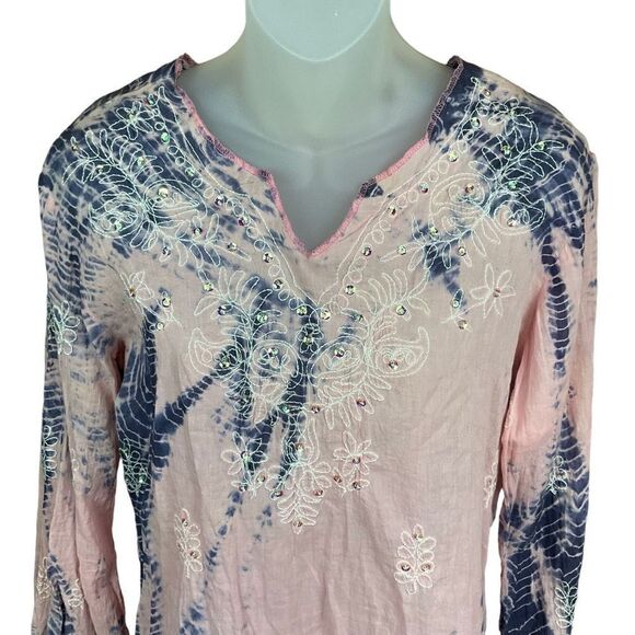 Studio C Blouse Boho V Neck Pink Blue Tie Dye Sequins Floral Embroidery Small - Picture 3 of 13